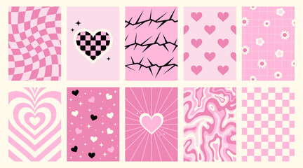 Set of y2k pink posters with hearts, thorns, flowers, checkered and psychedelic patterns. Glamour backgrounds for card, banner design. Girly vector templates. Trendy covers in pastel colors.