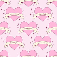 Y2k pink heart with ribbon seamless vector pattern. Cute valentine day background in 2000s girly style. Romantic love symbol texture for wallpaper, wrapping paper, cover, textile design