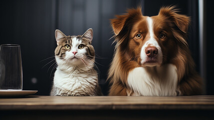 Two pets, gray and white cat and a brown dog sitting near a dining table, waiting for food and looking at the camera     