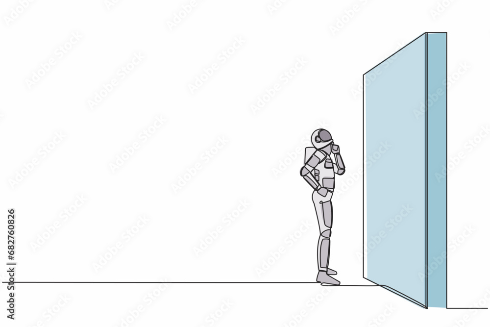 Aufkleber continuous one line drawing astronaut thinking in front of big obstacle or wall in moon surface. spa