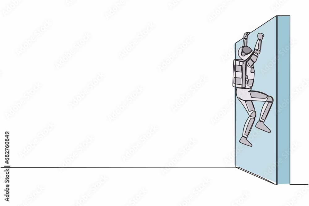 Poster single continuous line drawing of astronaut climbing obstacle wall in moon surface. solve expedition