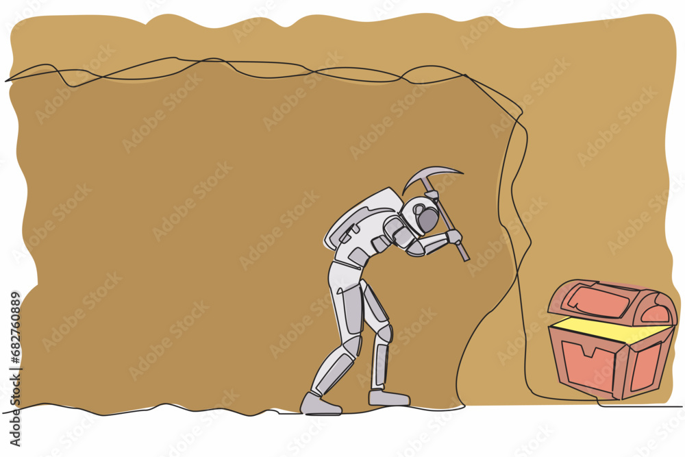 Poster continuous one line drawing young astronaut digging with pickaxe in moon cave. looking for treasure 