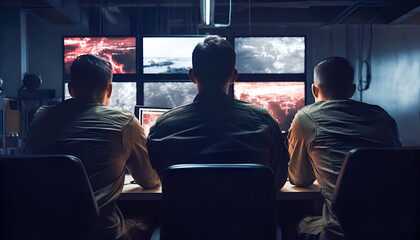 Combat drones command centre. Three soldiers looking at monitors and remotely control unmanned combat aerial vehicle.