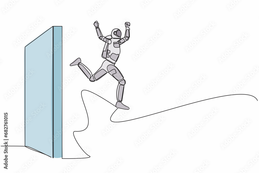 Poster single one line drawing astronaut managed to jump over the wall in moon surface. get new experience 