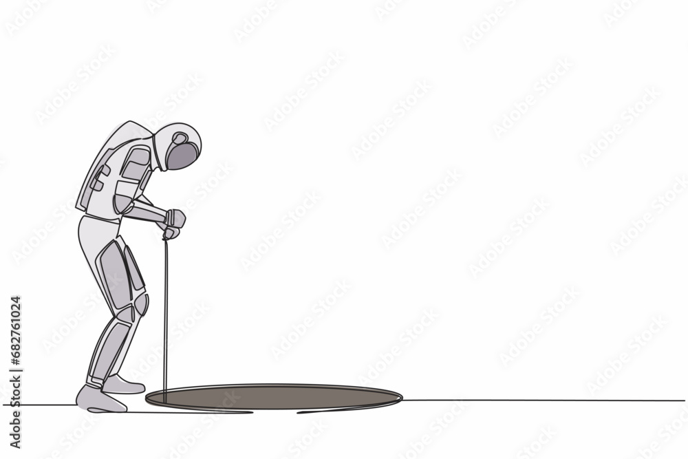 Poster single continuous line drawing of astronaut stretch out rope into hole. spaceman wondering and looki