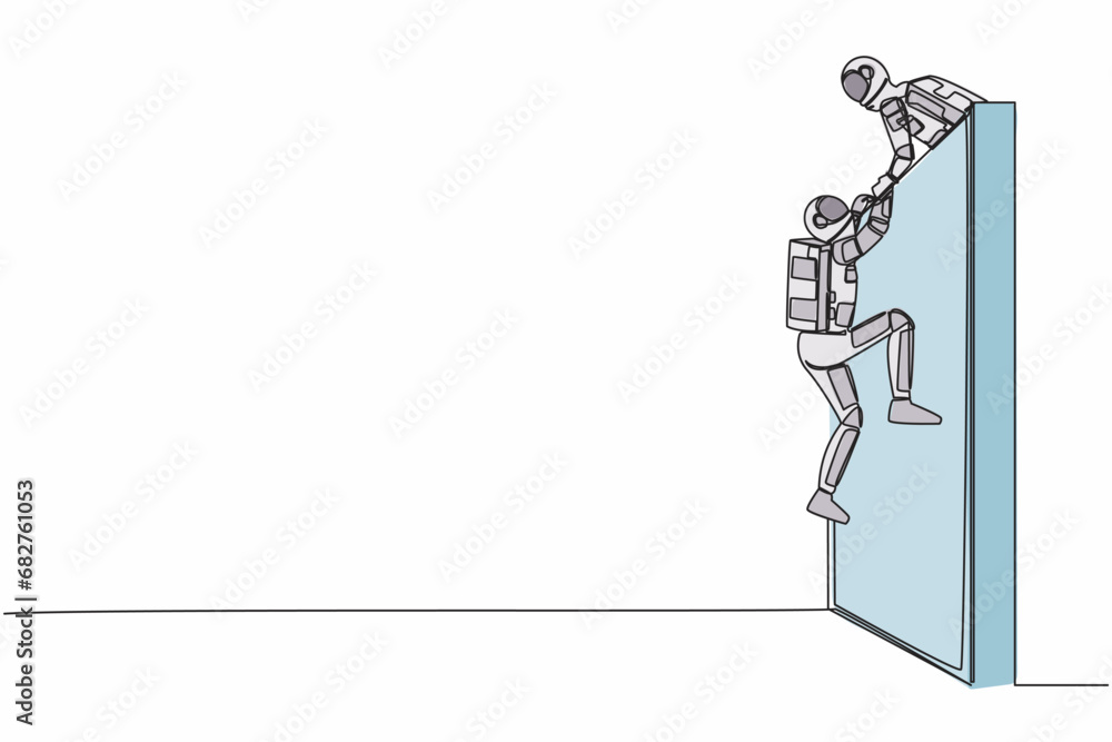Aufkleber continuous one line drawing astronaut helping another spaceman climb wall by pulling him to the top.