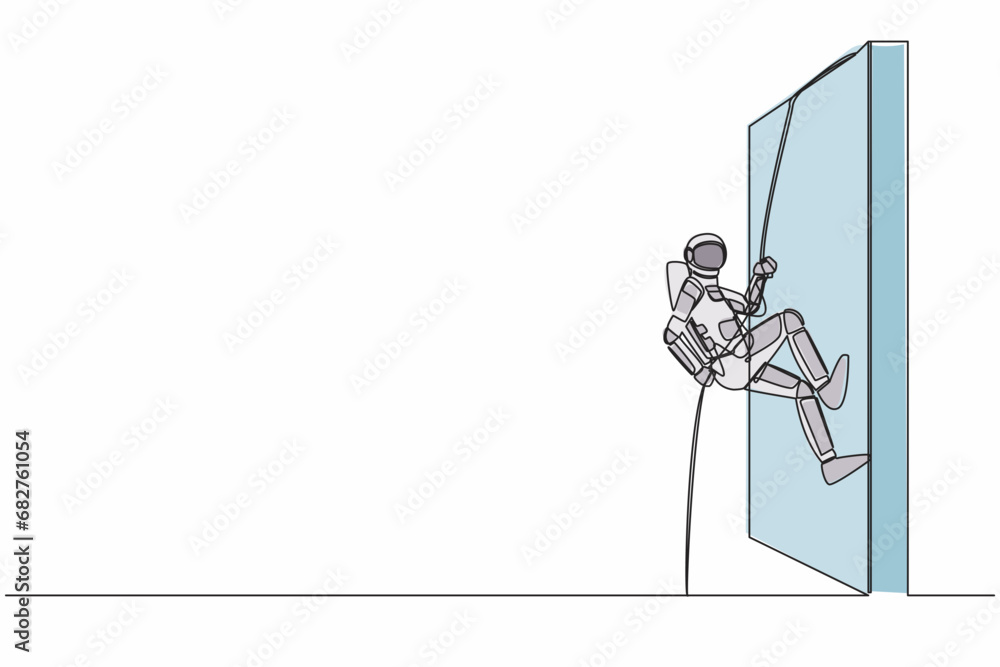 Aufkleber continuous one line drawing young astronaut climbing over wall with rope in moon surface. challenge 