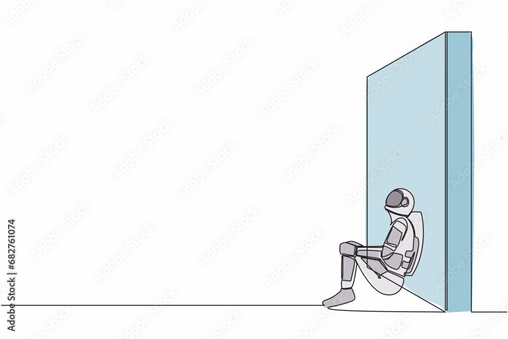 Aufkleber single continuous line drawing astronaut sitting on floor and lean against wall. sad and frustration