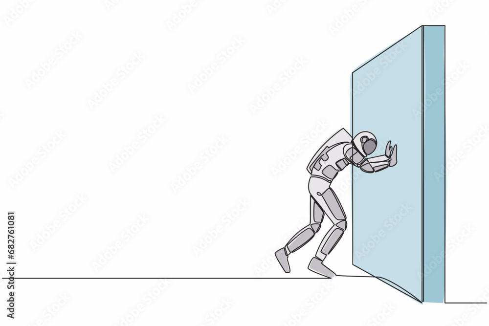 Aufkleber single one line drawing of young astronaut pushing wall in moon surface. challenge and problem in sp