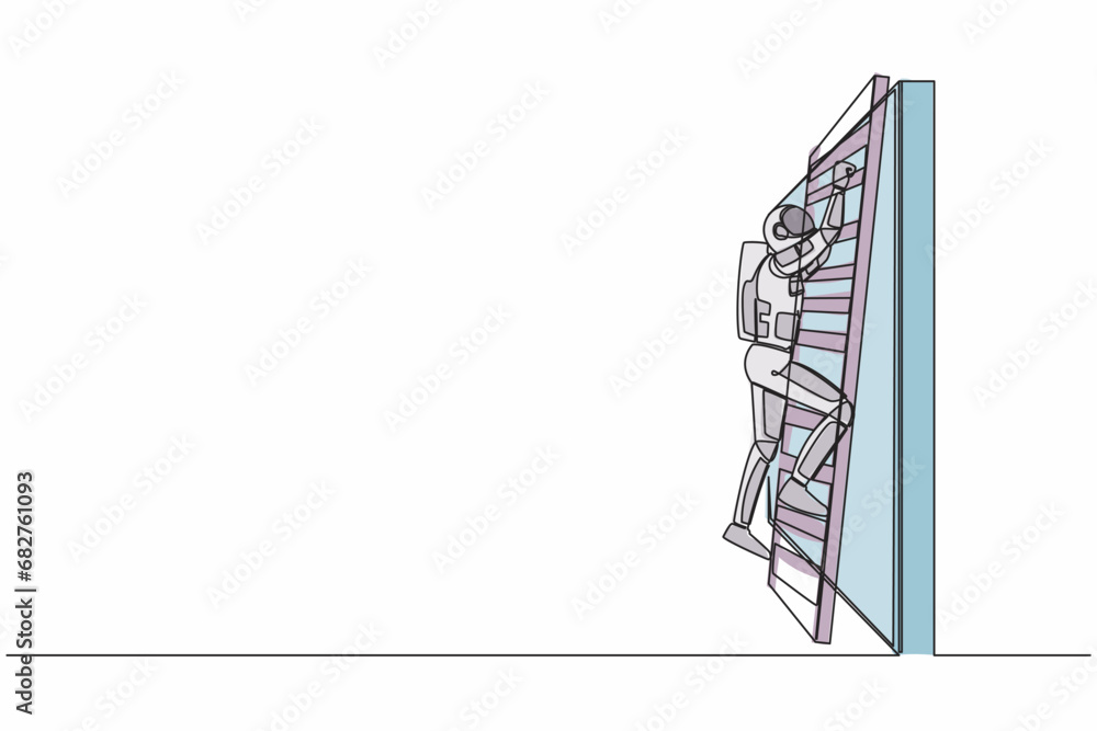 Poster continuous one line drawing of astronaut climbing up the wall with ladder in moon surface. spaceship