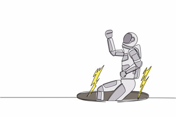 Single continuous line drawing young astronaut fell into manhole underground sewer. Spaceman fell into sewage. Space business failure. Cosmonaut deep space. One line graphic design vector illustration