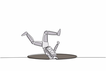 Continuous one line drawing astronaut falling into deep hole. Protruding legs from hatch. Failure in spaceship galactic expedition. Cosmonaut outer space. Single line draw design vector illustration
