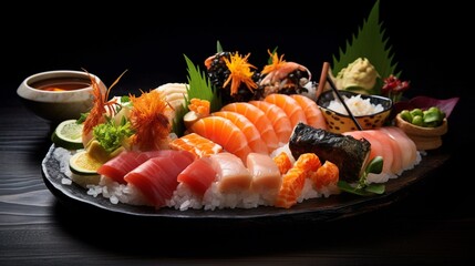 an inviting scene of a sushi platter with a variety of sushi, sashimi, and creative toppings