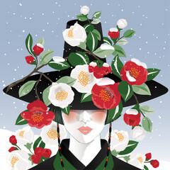 Vector illustration of a woman wearing a Gat, Korea traditional hat decorated with Camelia flowers. 