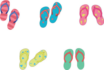 Footwear, shoes, summer conceptDifferent colorful flip flops flat vector illustrations set. Rubber slippers with different graphic patterns for walking in street or on beach on white background. 