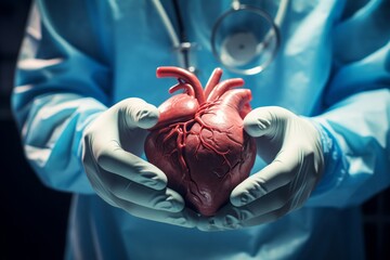 Close-up of doctor's gloved hands holding human heart - obrazy, fototapety, plakaty