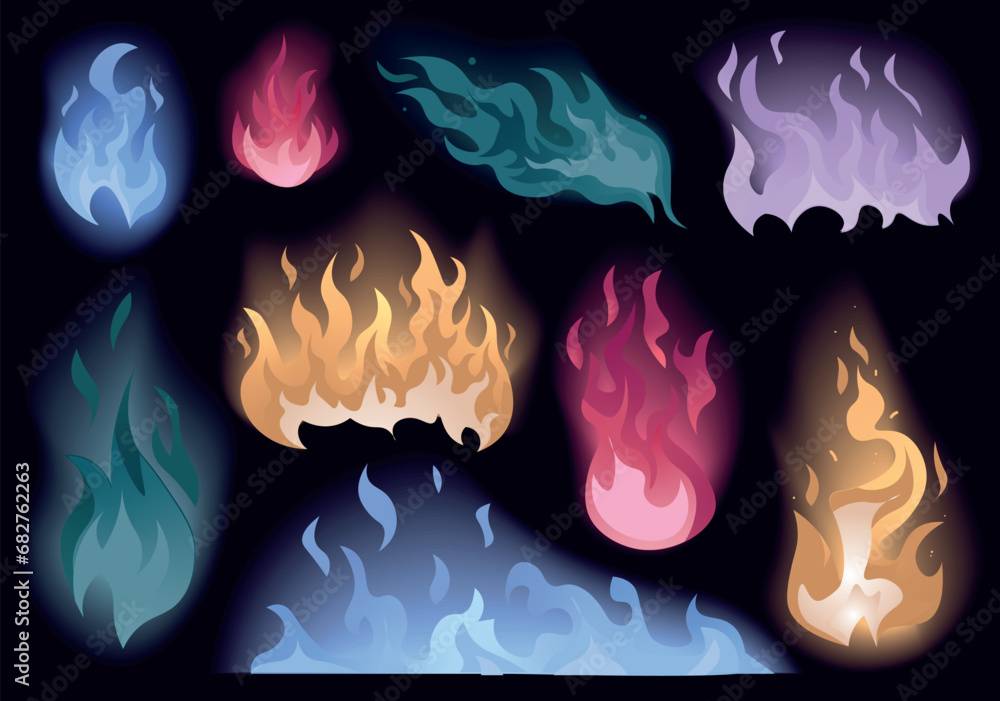 Aufkleber fire set in flat cartoon design. multicolored fires on a black background with a neon style perfectl