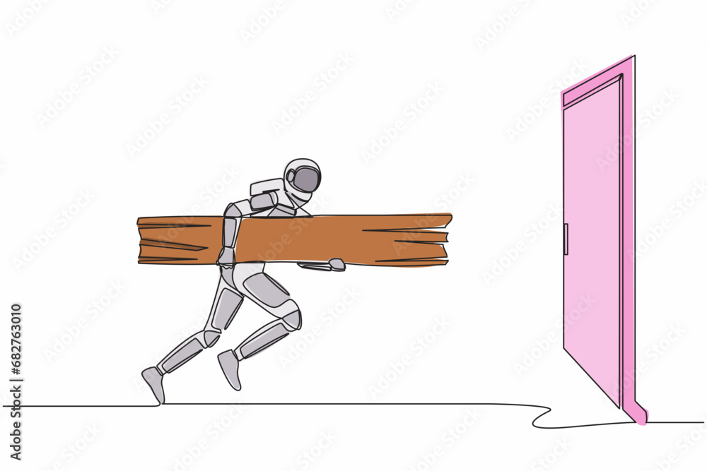 Poster single continuous line drawing of young astronaut holding large log and destroying door. overcome ch