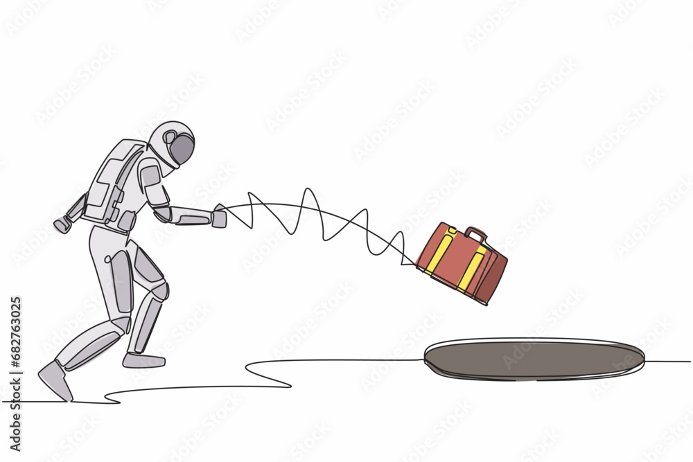 Aufkleber continuous one line drawing astronaut throws briefcase into hole. failure to take advantage of space