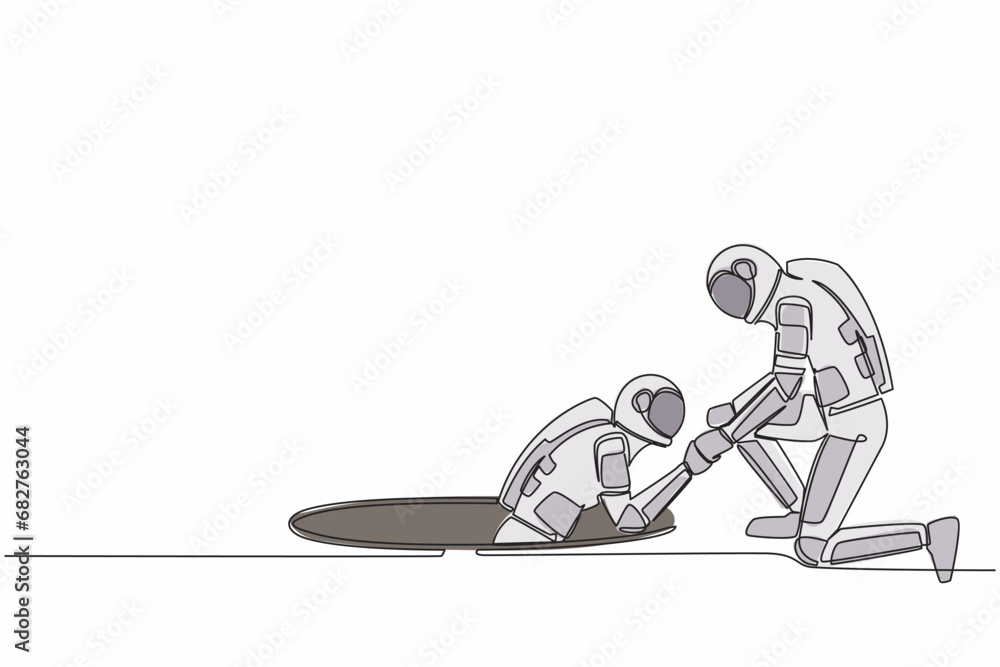 Aufkleber continuous one line drawing astronaut helping his friend by take him out from hole. two spaceman one