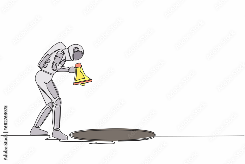 Poster single one line drawing of young astronaut scream into pit hole with megaphone. spaceman wondering a