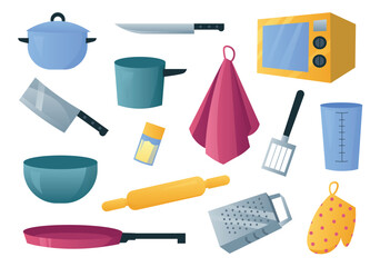 Kitchen utensils set in flat cartoon design. This culinary set showcase array of kitchen utensils in vibrant hues, making cooking a delightful and visually appealing experience. Vector illustration.