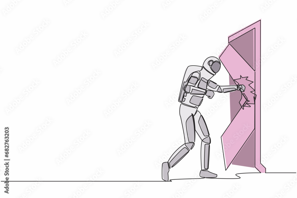 Poster continuous one line drawing astronaut punching and destroying door. depicts eliminating barrier of e