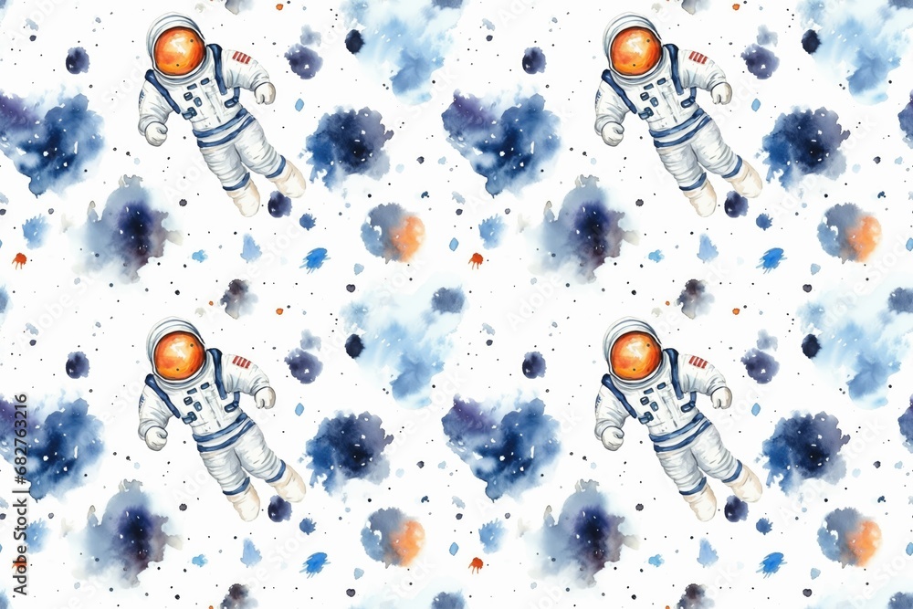 Wall mural seamless pattern of watercolor outer cosmos space with astronaut