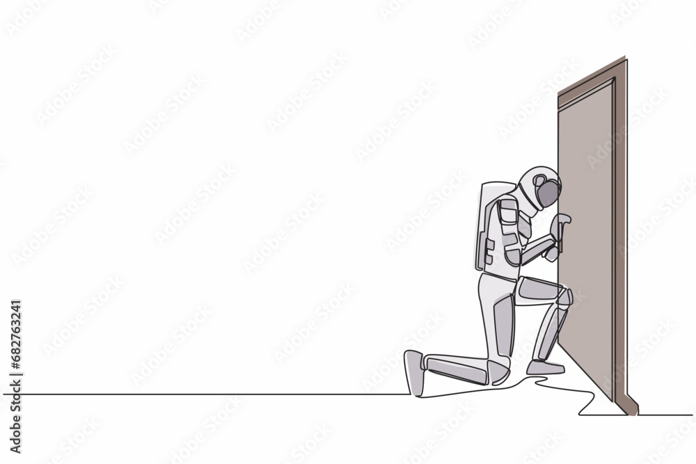Poster single continuous line drawing astronaut prying doorknob with screwdriver. spaceman repair broken ha