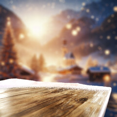 Wooden vintage table cover of snow flakes and empty space for your decoration. Winter landscape and christmas time. Natural magic light. Mockup background and free space for your decoration. 