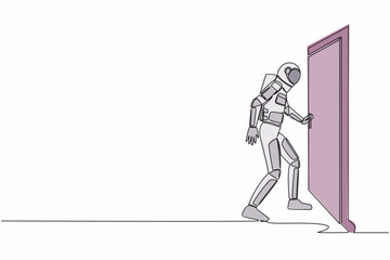 Single one line drawing young astronaut holding door knob in moon surface. Entering room in space company office building. Cosmic galaxy space. Continuous line draw graphic design vector illustration