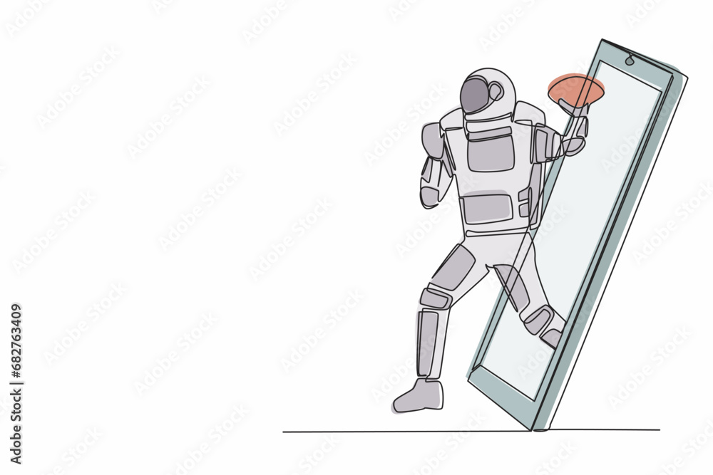Aufkleber single one line drawing of american football astronaut player running getting out of smartphone scre