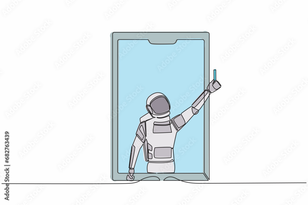 Poster continuous one line drawing of astronaut soccer referee showing yellow card out of smartphone screen