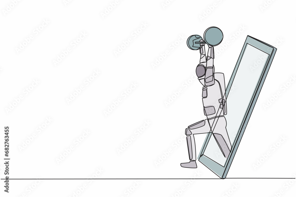 Aufkleber continuous one line drawing bodybuilder astronaut doing exercise with heavy weight bar getting out o