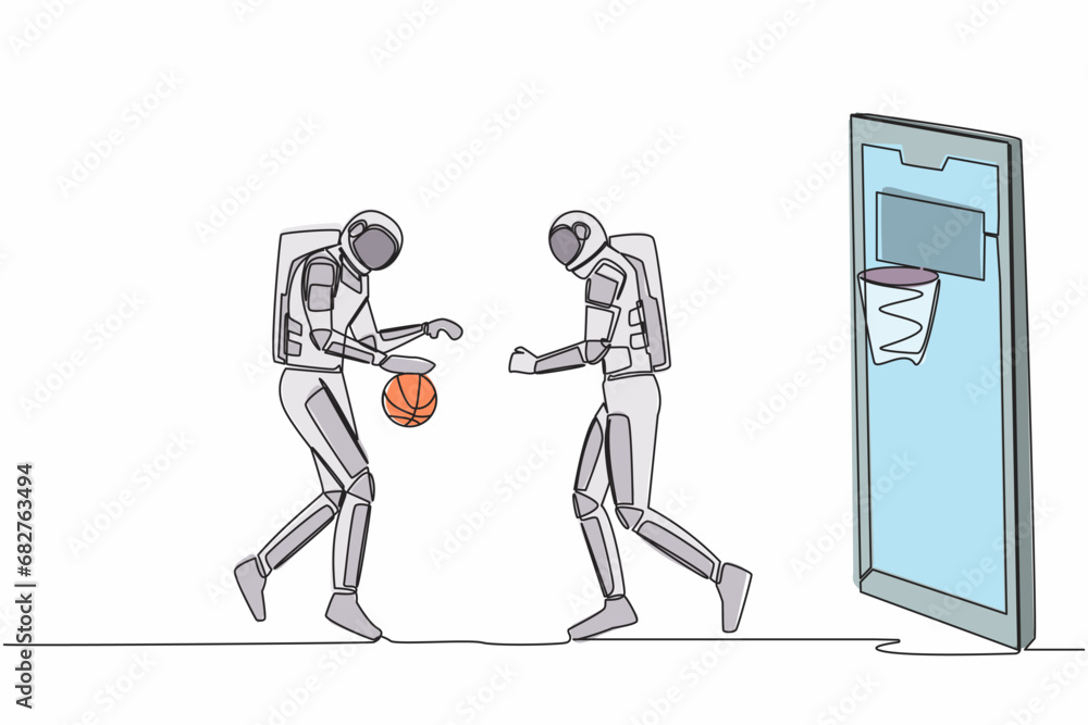 Aufkleber continuous one line drawing two basketball players astronaut in action during game out of smartphone