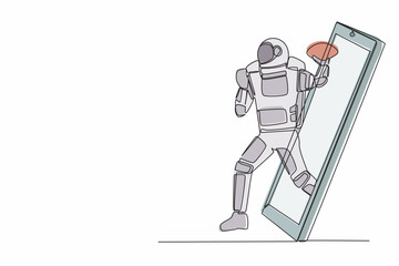 Single one line drawing of american football astronaut player running getting out of smartphone screen. Cosmic galaxy space. Online game mobile app. Continuous line graphic design vector illustration