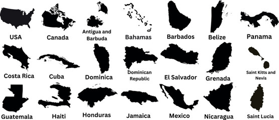 North America, Central America, map silhouette, vector illustration. Includes USA, Canada, Mexico, Cuba, Barbados, Panama, Costa Rica, Guatemala, Haiti, Honduras, Jamaica, Nicaragua, Saint Lucia - obrazy, fototapety, plakaty