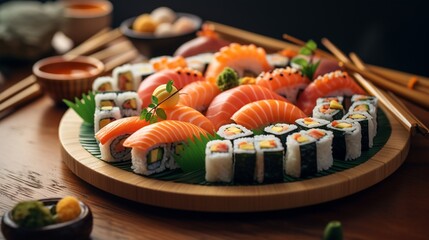 an inviting scene of a sushi platter featuring nigiri and maki rolls