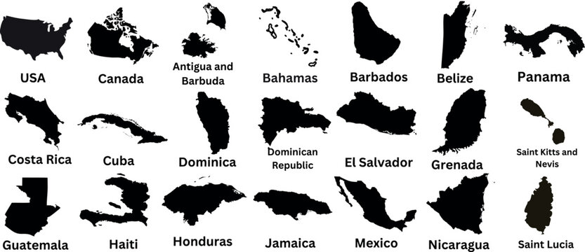 North America, Central America, map silhouette, vector illustration. Includes USA, Canada, Mexico, Cuba, Barbados, Panama, Costa Rica, Guatemala, Haiti, Honduras, Jamaica, Nicaragua, Saint Lucia