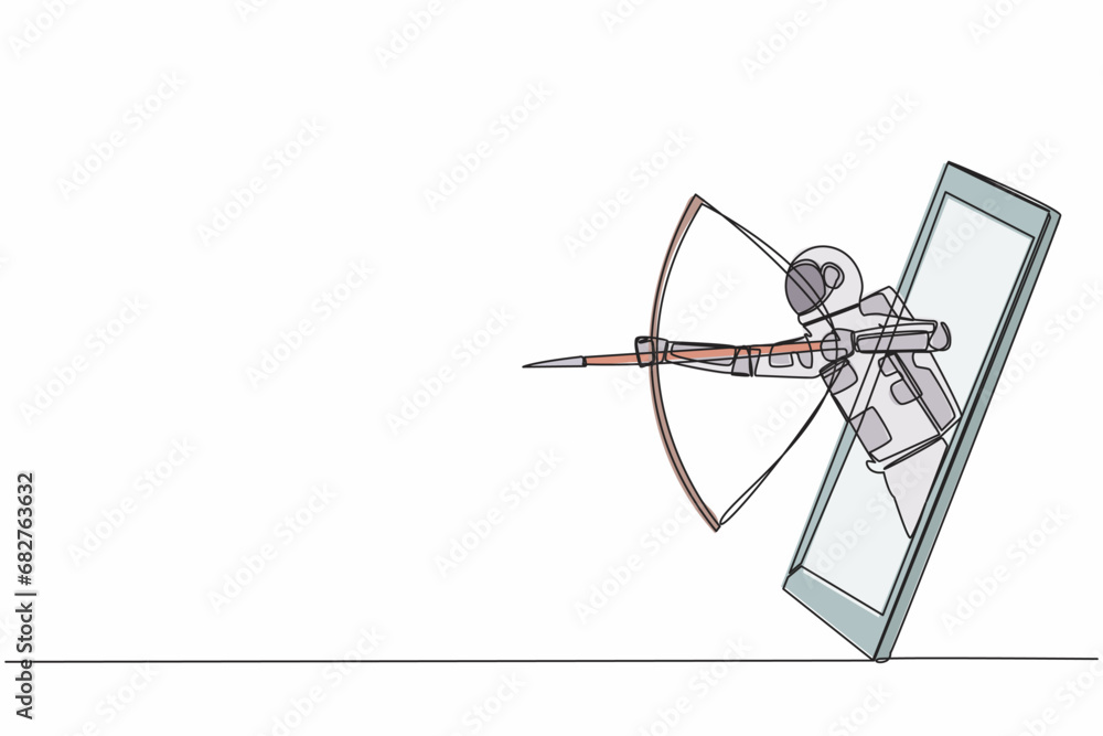 Poster single continuous line drawing astronaut with bow and arrow getting out of smartphone screen. online
