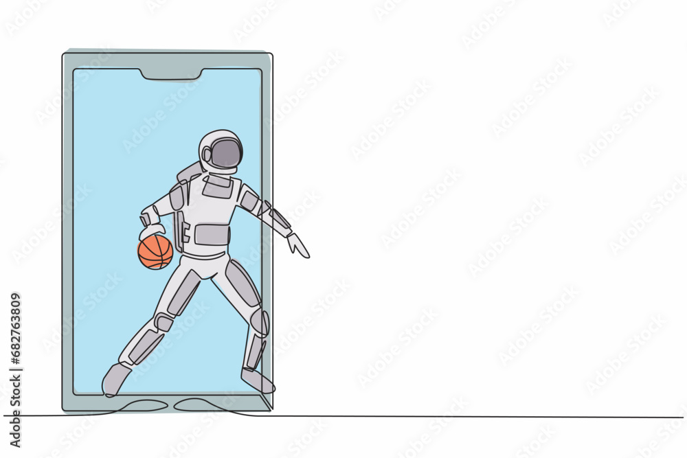 Aufkleber continuous one line drawing astronaut basketball player running and dribbling with ball out of smart