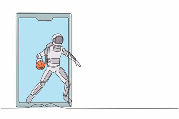 Continuous one line drawing astronaut basketball player running and dribbling with ball out of smartphone screen. Online basketball. Cosmonaut outer space. Single line draw design vector illustration
