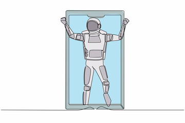 Single continuous line drawing astronaut football player celebrating goal out of smartphone screen. Online soccer game with live mobile app. Cosmonaut deep space. One line design vector illustration