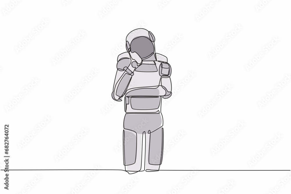 Poster single one line drawing of astronaut standing with keeping hand on cheek. spaceman suffering from to
