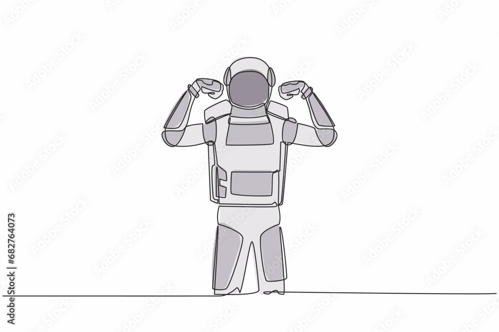 Poster single continuous line drawing astronaut standing with gestures two hand fist up. strong spaceman ex