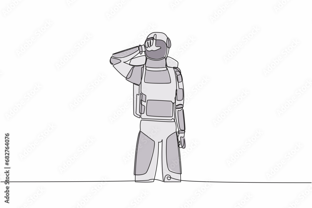Poster continuous one line drawing of young astronaut standing with making 'l' symbol, showing loser sign o