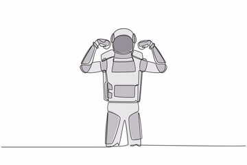 Single continuous line drawing astronaut standing with gestures two hand fist up. Strong spaceman exploration galaxy with spaceship. Cosmonaut deep space. One line graphic design vector illustration