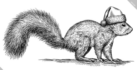 Vintage engraving isolated squirrel set dressed christmas rodent illustration ink santa costume sketch. Forest background gnawer animal silhouette new year hat art. Hand drawn vector image © Turaev
