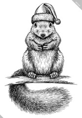 Vintage engraving isolated squirrel set dressed christmas rodent illustration ink santa costume sketch. Forest background gnawer animal silhouette new year hat art. Hand drawn vector image © Turaev