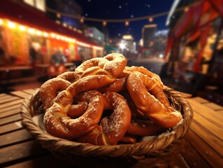 The warm pretzel, freshly baked and sprinkled with salt, was served on a wooden board at the bustling street market, Generative AI